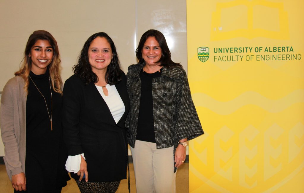 Meghana Valupadas, Claudia Gomez-Villeneuve and Ilya Espino de Marotta share their perspectives on women in engineering with University of Alberta engineering students.